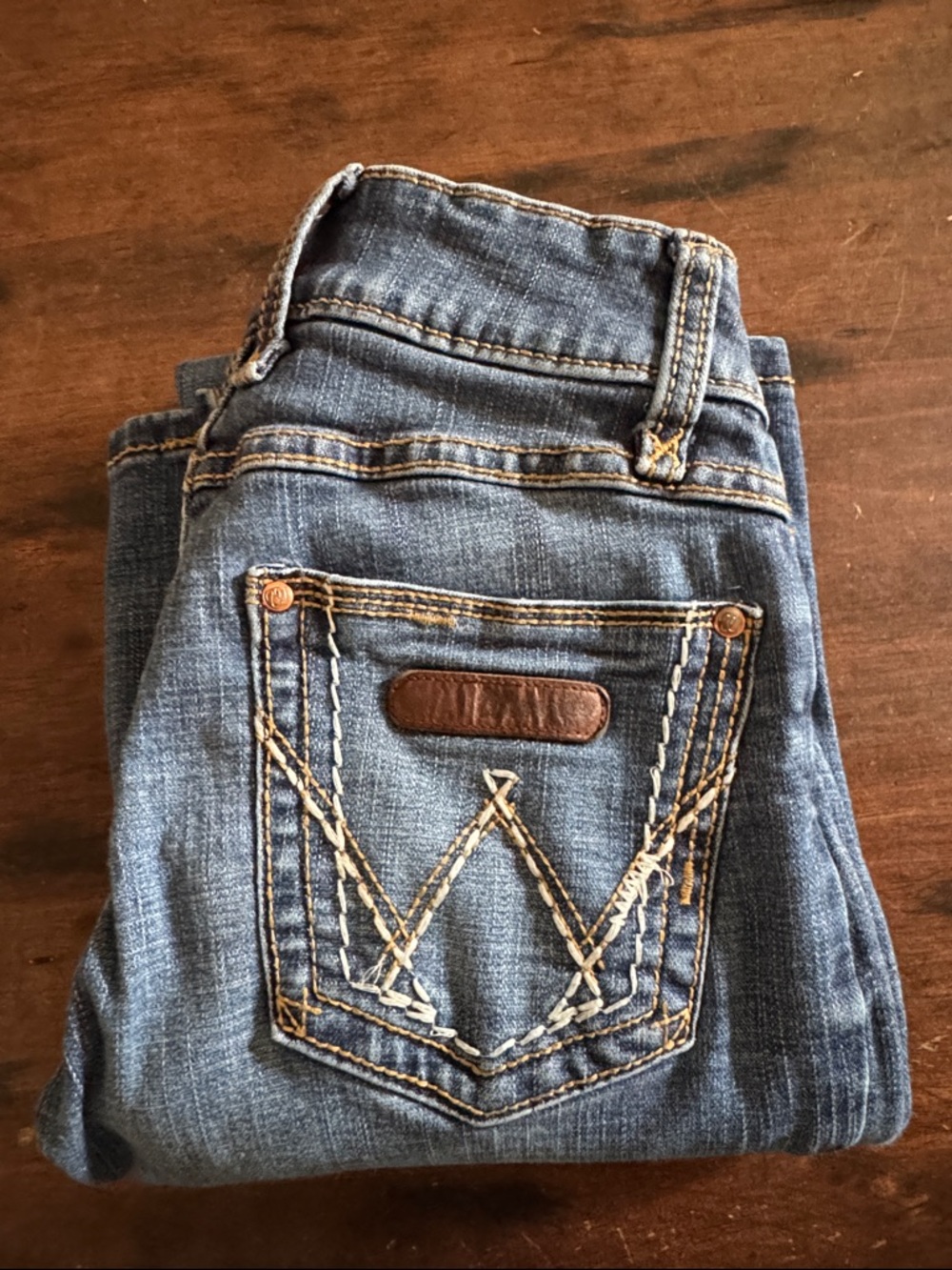 GUC Women’s Wrangler Boot Cut Blue Denim Jeans with Decorative Back Pocket
